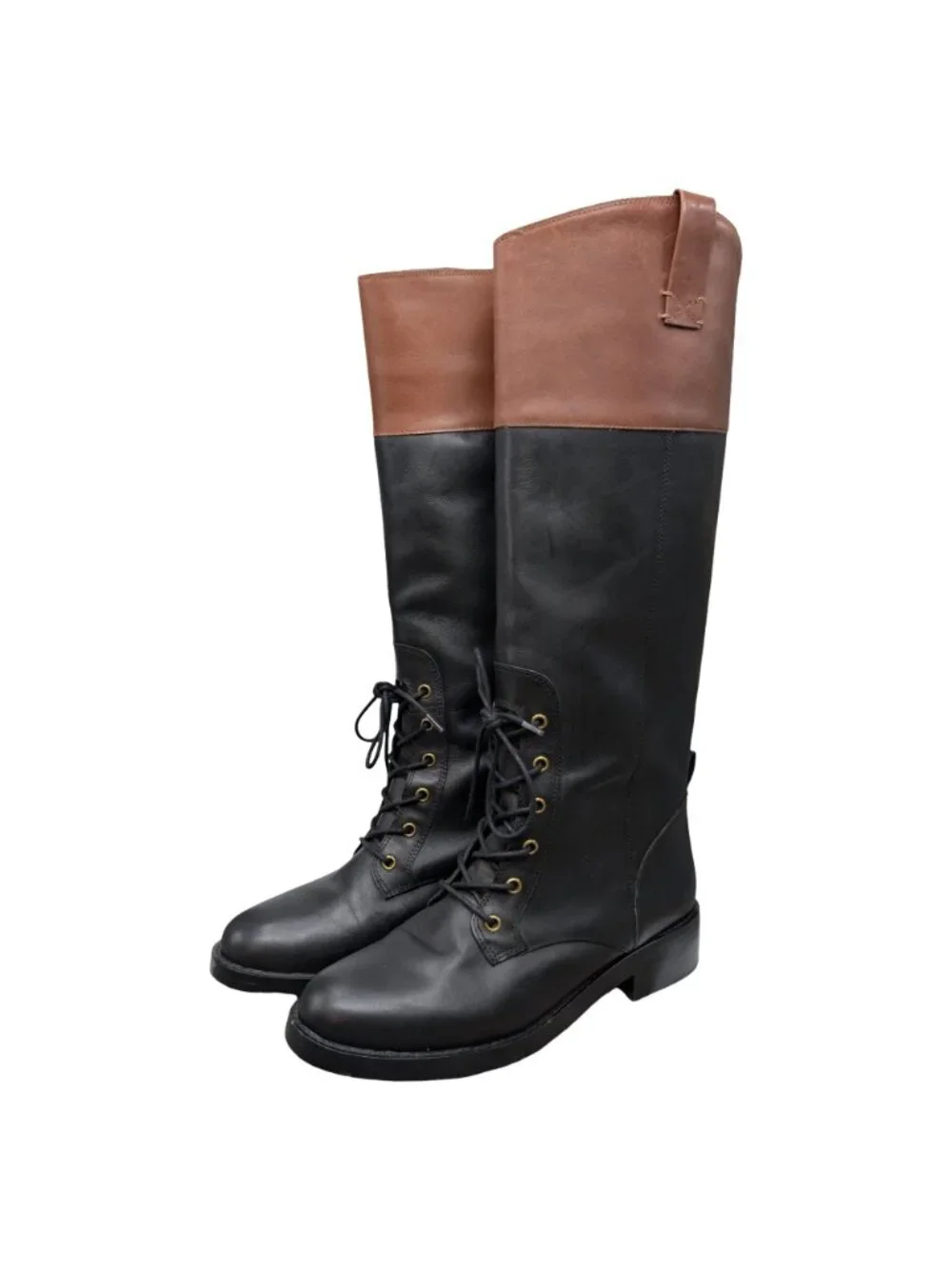 J.CREW Leather Riding Boots Womens Black Brown Lace Up Knee High BD425 Size 8